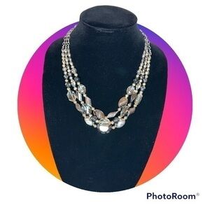 Multi Strand Necklace Silver Chain clear, topaz and onyx colored discs